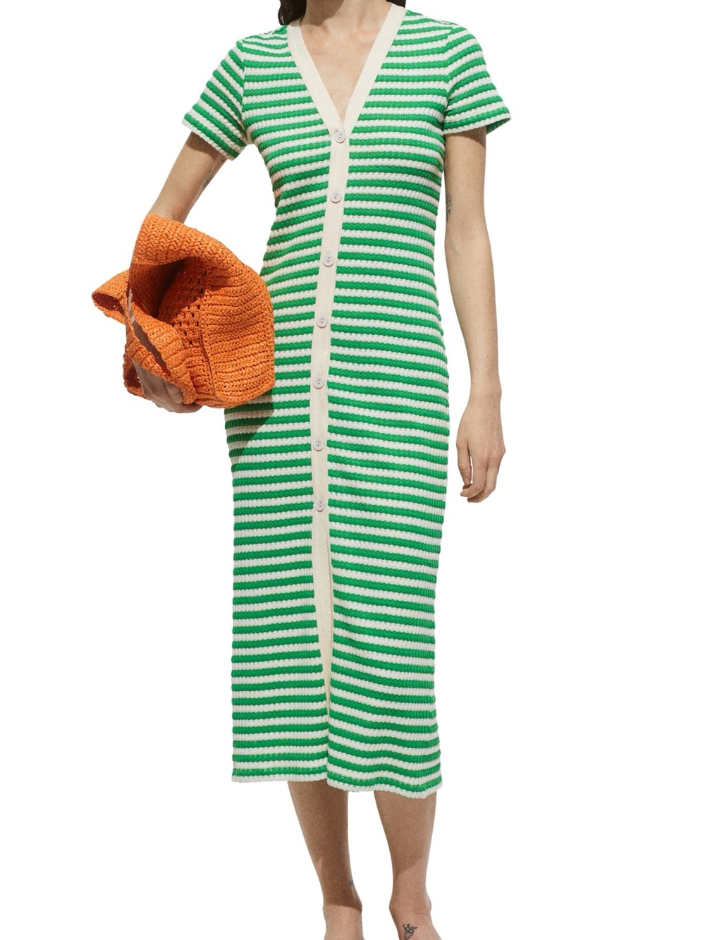 Mango Green & White Striped Button-Front Knit Dress